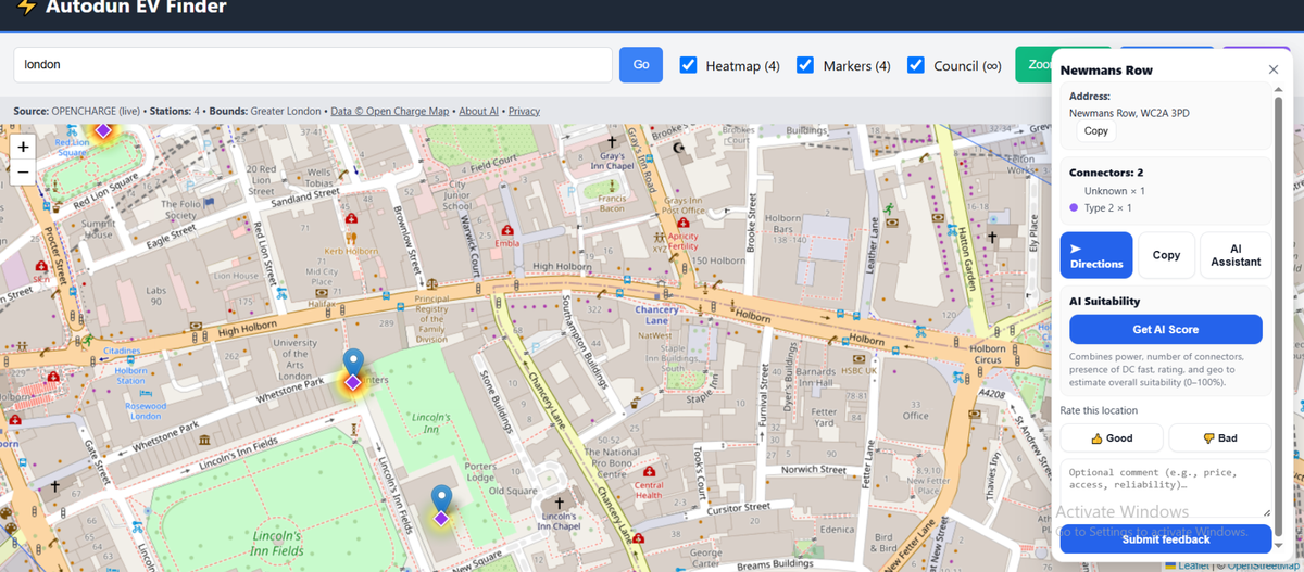 Electric car charger map showing charger details and location information