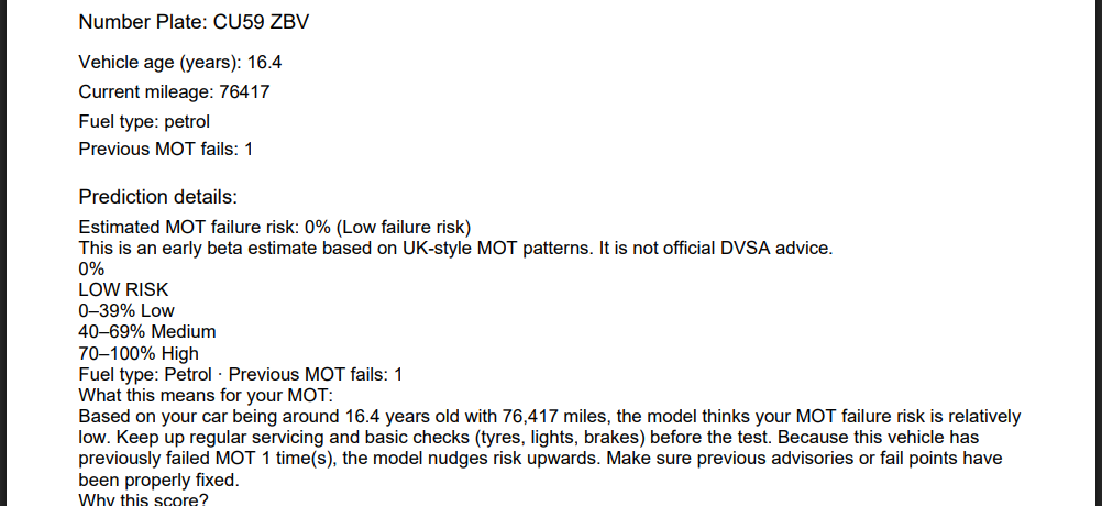 Example PDF download report from Autodun MOT check