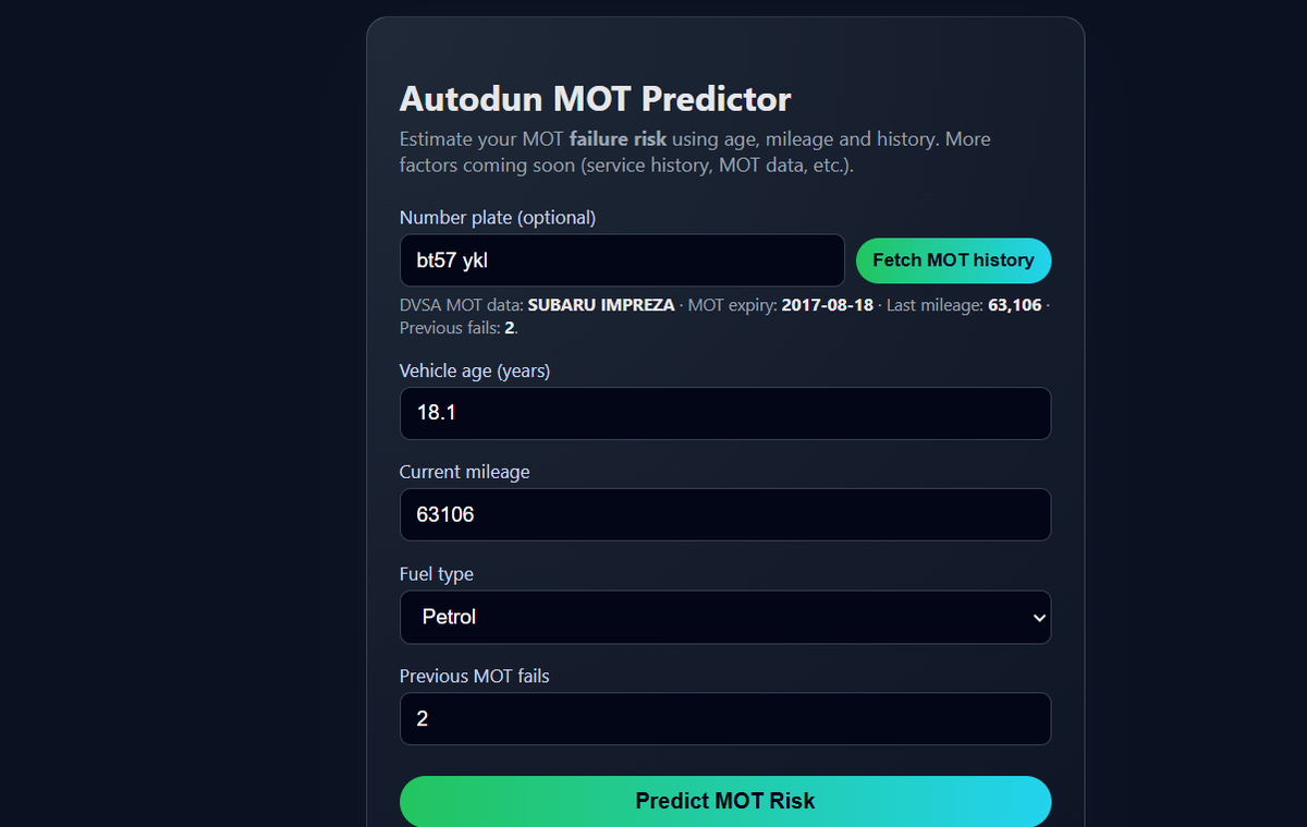 Second MOT history example UK